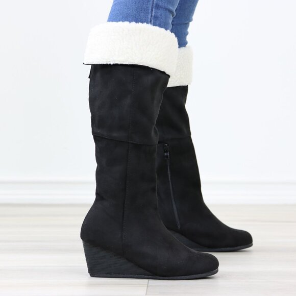 Black Wedge Heeled Boots Sherpa Fold Over Below The Knee Faux Suede - Picture 2 of 12